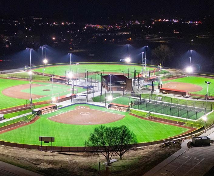 Night time photo of ballfields at CiCo Park in Manhattan, Kansas.