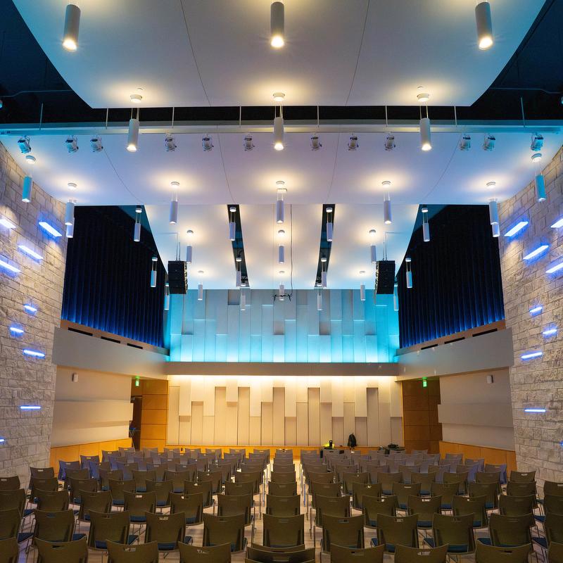 Specatcular lighting enhances the experience at this recital hall at Washburn University.