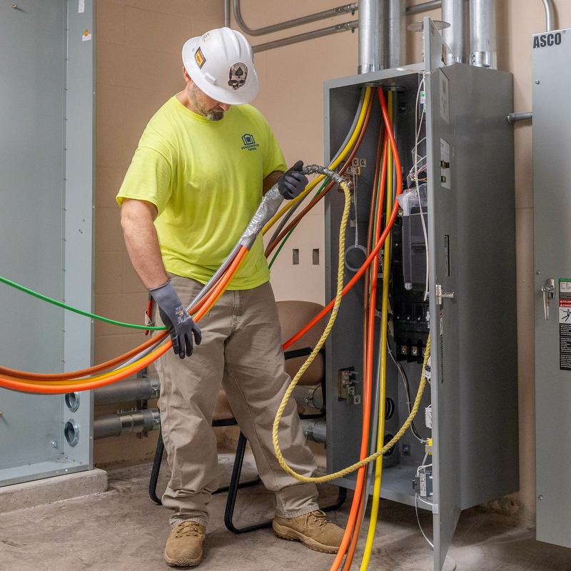 McElroy Electric electrician pulls wire through a new panel.